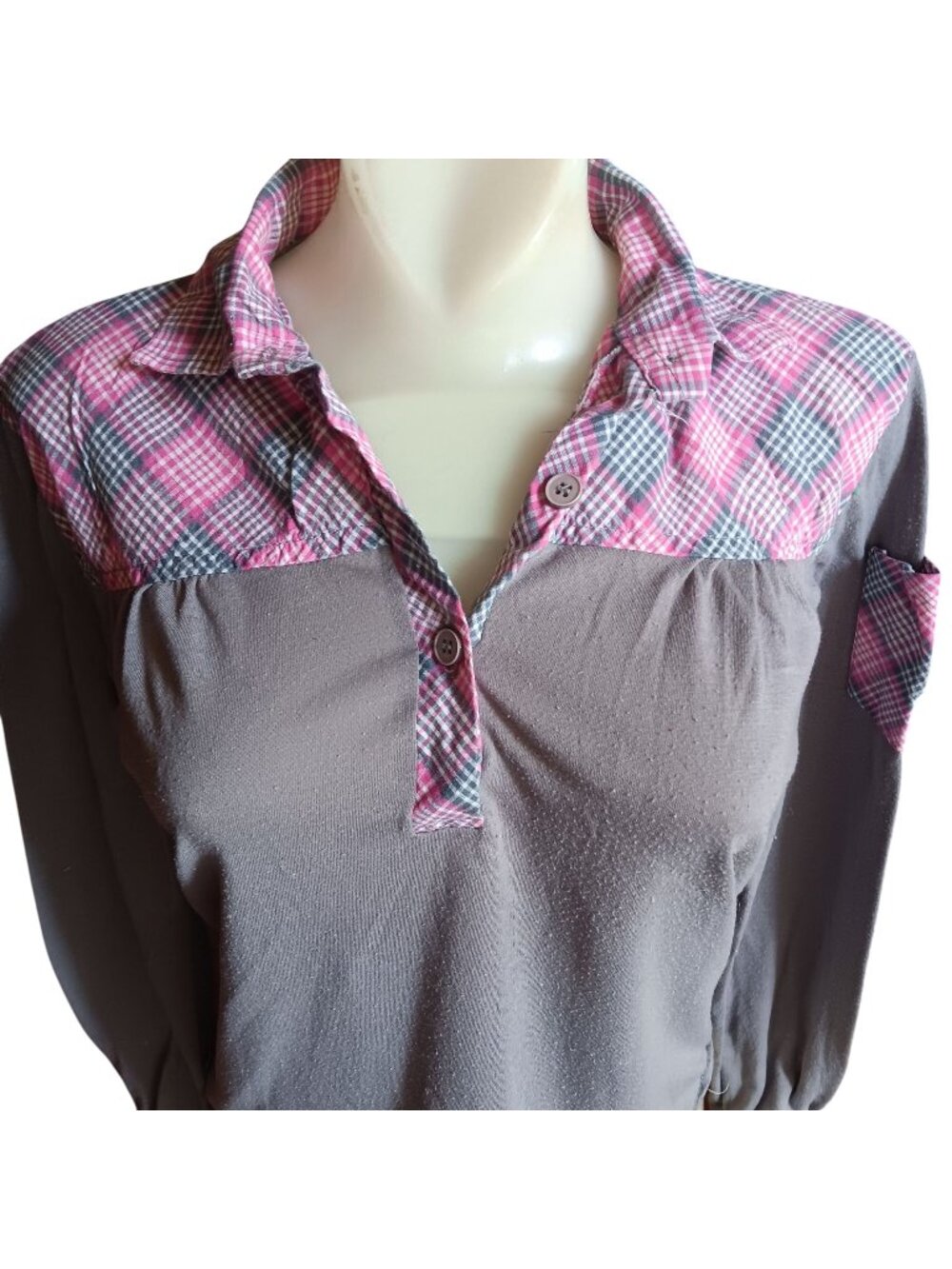 Plaid Patchwork True Vintage Boho Top Small Long-Sleeve Shirt Hippy 1970's Thin